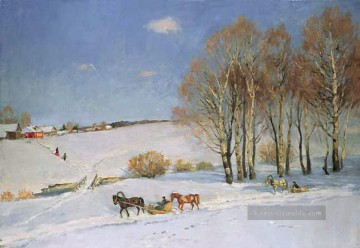 Winterlandschaft mit Pferdeschlitten 1915 Konstantin Yuon Schnee Ölgemälde
